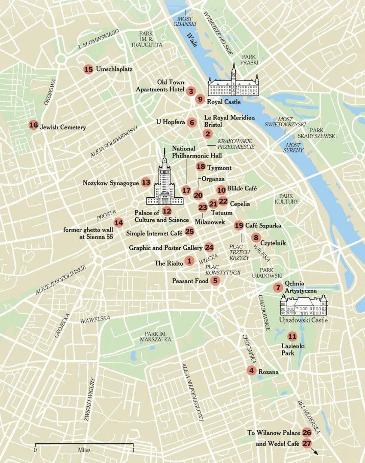 peta Warsawa dengan tempat wisata